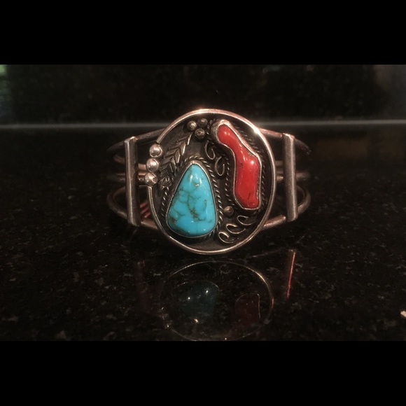Navajo Sterling Turquoise Real Red  Coral Cuff - Picture 12 of 14